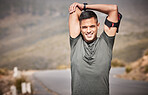 Exercise, portrait and man stretching outdoor for fitness, workout and training for energy, balance and wellness. Male person, athlete and stretch arms on road, smile and sports for healthy lifestyle