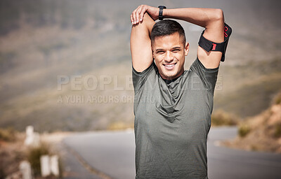 Buy stock photo Exercise, portrait and man stretching outdoor for fitness, workout and training for energy, balance and wellness. Male person, athlete and stretch arms on road, smile and sports for healthy lifestyle