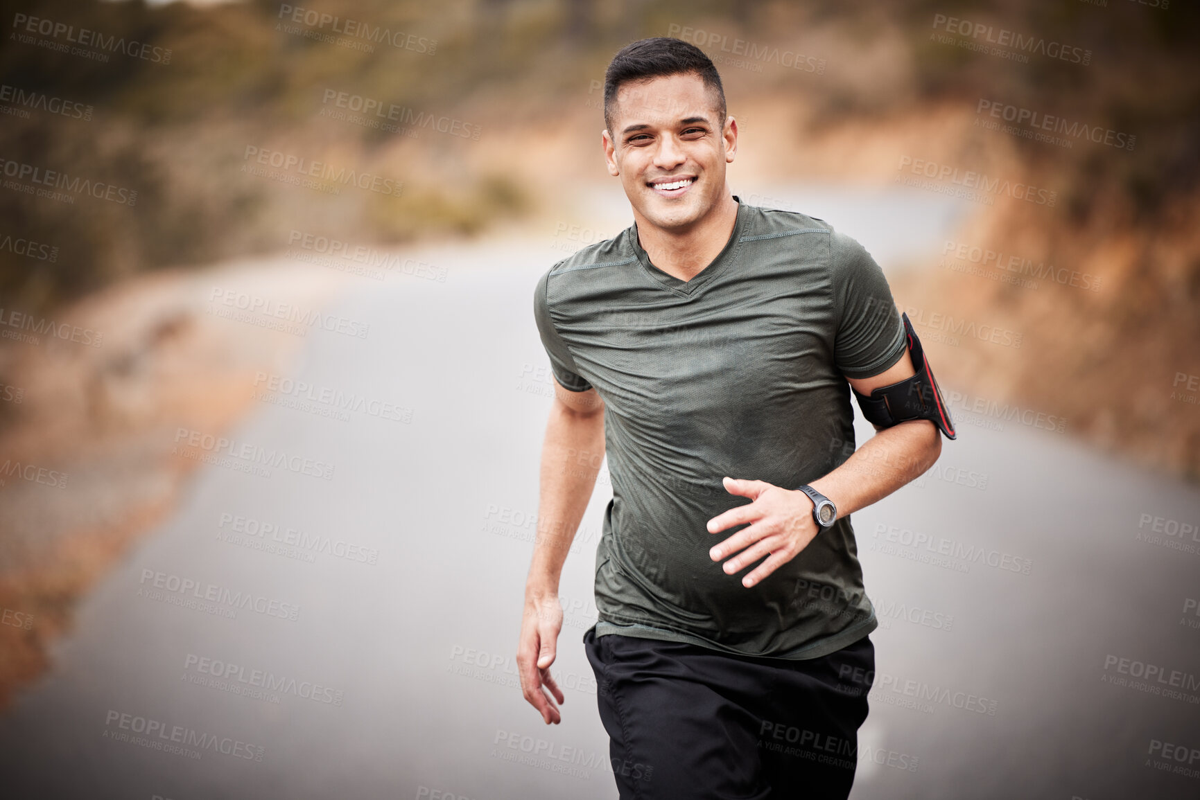 Buy stock photo Running, fitness and man in road portrait for exercise, training and workout with lose weight, muscle and energy. Happy runner, athlete or healthy person jogging for sports challenge in nature street