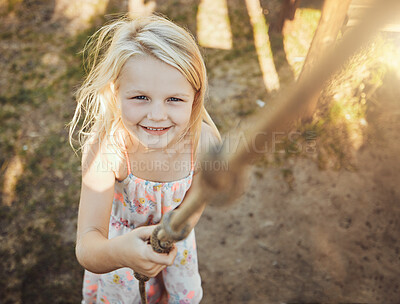 Buy stock photo Child, portrait or playing rope in park, nature garden or house backyard on holiday, vacation or summer break. Jungle gym exercise or fun game for smile, happy kid or girl top view in energy climbing