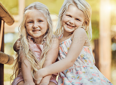 Buy stock photo Happy, girl smile and teddy outdoor portrait with happiness, sisters and bonding together. Freedom, children and smiling of young kids with friend love and care in a park or garden playground