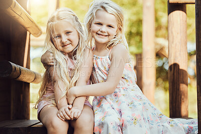 Buy stock photo Portrait, children and girl siblings outdoor together at a park during summer vacation or holiday. Family, kids and love with a female child and sister hugging while bonding outside or having fun