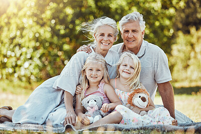 Buy stock photo Grandparents, girl children and family portrait in a outdoor park happy about a picnic. Smile, happiness and kids with elderly grandparent in a garden or backyard smiling from bonding together