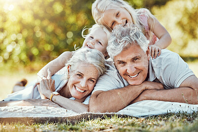 Buy stock photo Children portrait, seniors or lying hug in park, home nature picnic or house garden in fun, silly or goofy activity. Smile, happy or retirement elderly with kids in family bonding social and embrace