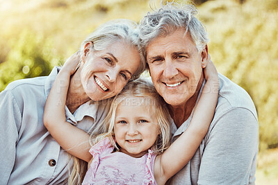 Buy stock photo Grandparents, girl and smile portrait in a family outdoor park happy about a picnic. Children, happiness and kids with elderly grandparent in garden or backyard smiling and bonding together in nature
