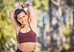 Fitness, stretching and portrait of woman in nature with smile for running, marathon training and workout. Sports, healthy body and happy girl in forest park for wellness, cardio and active lifestyle