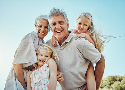 Buy stock photo Portrait, children or senior piggy back in nature park bonding, home garden or house backyard in trust or support. Smile, happy or laughing grandparents carrying kids in low angle fun or summer break