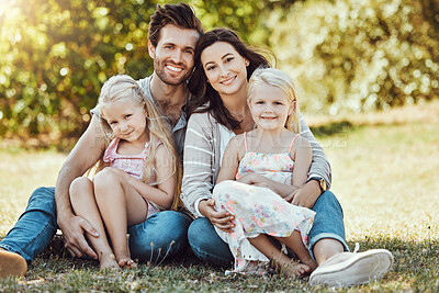 Buy stock photo Family, garden and portrait of parents, children and happy people on park grass in sunshine. Kids, mom and dad smile with love in nature, holiday and summer vacation to relax on park lawn with peace