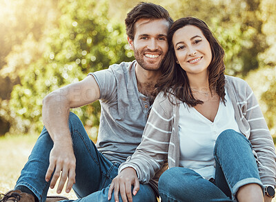 Buy stock photo Couple, park and portrait of young people with love, care and bonding together in nature. Lens flare, smile and happy woman and man in sunshine feeling happiness from engagement and commitment