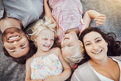 Buy stock photo Happy family, portrait and children with mom and father relaxing and smiling from top view from a park outdoors. Kids, overhead and excited parents with love, care and happiness bonding