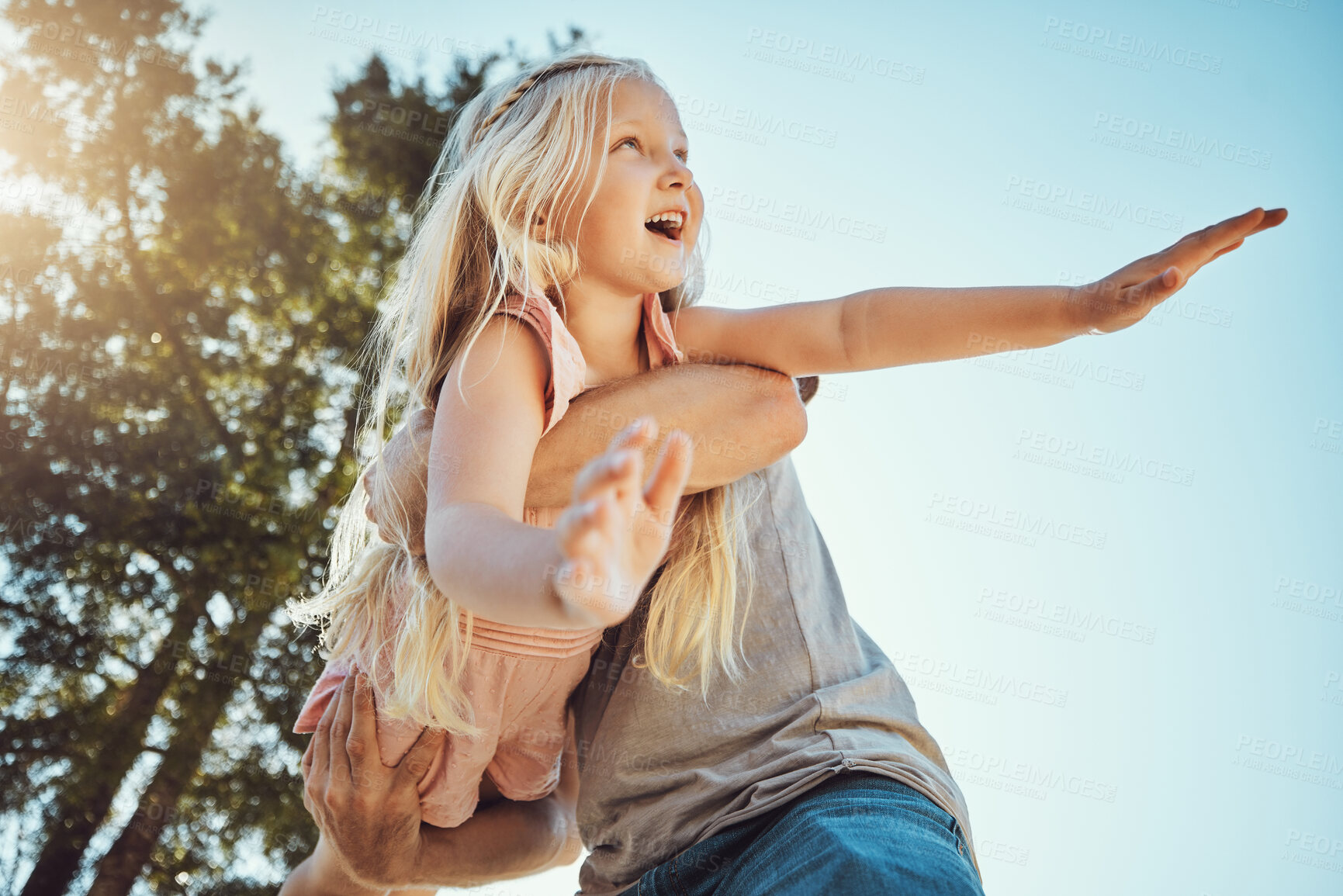 Buy stock photo Child, father and playing in airplane game in nature park, home garden or house backyard in trust, support or summer break. Low angle, carrying and kid flying fun for happy girl, smile dad and parent