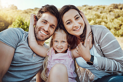 Buy stock photo Portrait of mother, father and girl at park enjoying quality time in holiday, weekend and vacation together. Family, love and happy child with parents smile for bonding, relax and adventure in summer