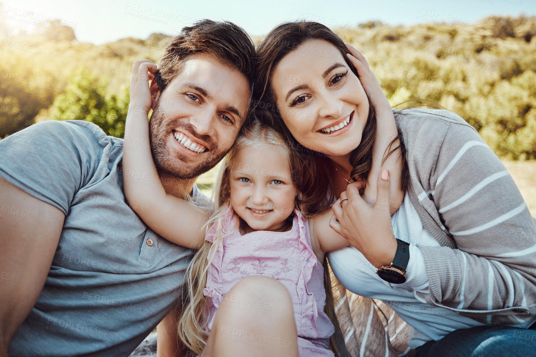 Buy stock photo Portrait of mother, father and girl at park enjoying quality time in holiday, weekend and vacation together. Family, love and happy child with parents smile for bonding, relax and adventure in summer
