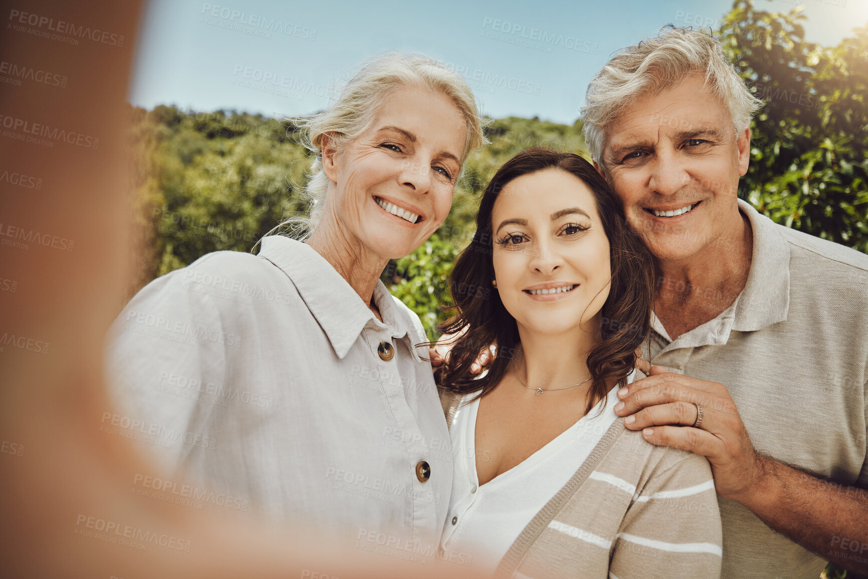 Buy stock photo Happy family, portrait or pov bonding in nature park, house garden or home backyard in holiday vacation or summer holiday. Daughter, senior man or woman in photography hug for parents profile picture