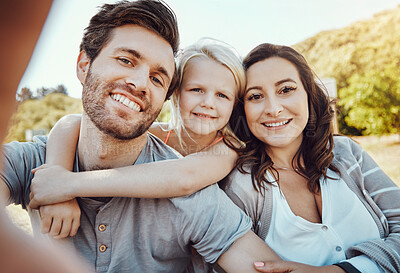 Buy stock photo Selfie, park and portrait of girl with parents enjoy quality time on holiday, weekend and nature together. Family, love and happy child, mom and dad smile for bonding, relax and adventure in summer