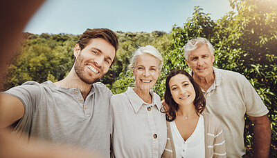 Buy stock photo Happy family, portrait or pov selfie bonding in park, house garden or home nature backyard in holiday, vacation or summer. People, senior man or woman in photography hug for parents profile picture