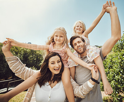 Buy stock photo Portrait, parents carry girls and in nature, quality time and bonding on weekend, happiness or playful. Love, mother and father with daughters on shoulder, outdoor or family on break, relax or loving