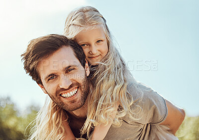 Buy stock photo Portrait, father carry girl and outdoor for bonding, happiness and quality time together, smile and weekend break. Love, dad and daughter on back, nature and loving on break, happy or playful for fun