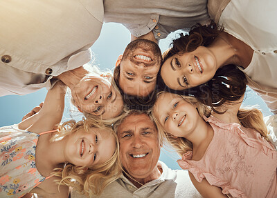 Buy stock photo Circle, love and portrait of a happy big family on a summer holiday, adventure or weekend trip. Grandparents, parents and children with love, happiness and bonding while on a vacation in Australia.