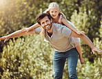 Family, portrait or piggy back in airplane game, nature park or home garden and house backyard, trust or support. Smile, happy or father carrying child in flying fun, energy or summer bonding freedom