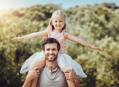 Portrait, father carry girl and outdoor with smile, love and bonding on weekend, happiness and loving together. Dad, daughter on back or embrace in nature, playing and fun on holiday and quality time