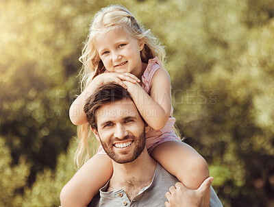 Buy stock photo Portrait, father and girl on shoulders, outdoor and quality time for bonding, loving and happiness. Love, dad carry daughter and in nature for fun, playful and relax on weekend break, park and smile