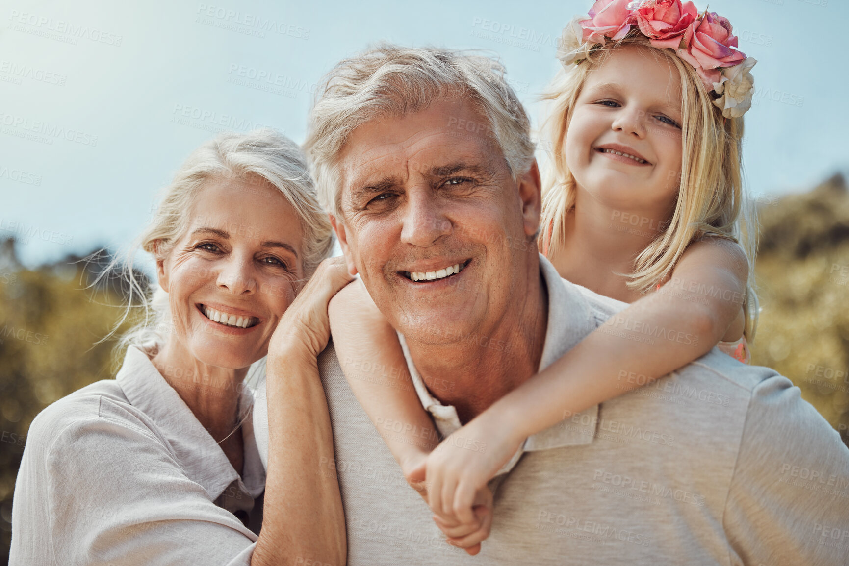 Buy stock photo Portrait, kid or senior piggy back in nature park bonding, home garden or house backyard in trust, love or support. Smile, happy or grandparents carrying child in fun game, activity or summer break