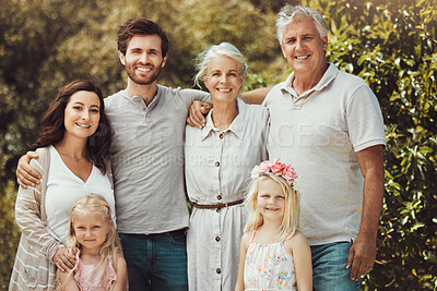 Buy stock photo Nature, happy and portrait of a big family in a garden while on a summer vacation together. Parents, grandparents and children on holiday, adventure or weekend trip at an outdoor park with happiness.