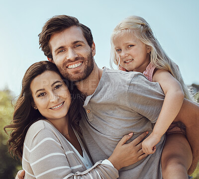 Buy stock photo Portrait of mother, father and girl in park for quality time on holiday, weekend and adventure together. Family, love and happy child piggyback parents smile for bonding, relax and freedom in summer