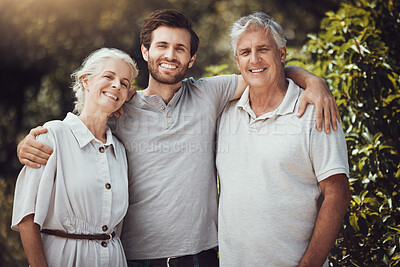 Buy stock photo Happy family, portrait or bonding hug and senior parents, mother or father in nature park, home backyard or house garden. Smile, man or retirement elderly in embrace profile picture, love or  support