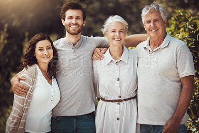 Buy stock photo Family, hug and portrait smile for happy summer vacation, holiday break or quality bonding time together in nature. Men and women in generations smiling in happiness for weekend trip or adventure