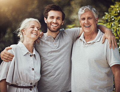 Buy stock photo Happy family, portrait or bonding with senior parents, mother or father in nature park, home backyard or house garden. Smile, man or retirement elderly in hug for birthday celebration or love support