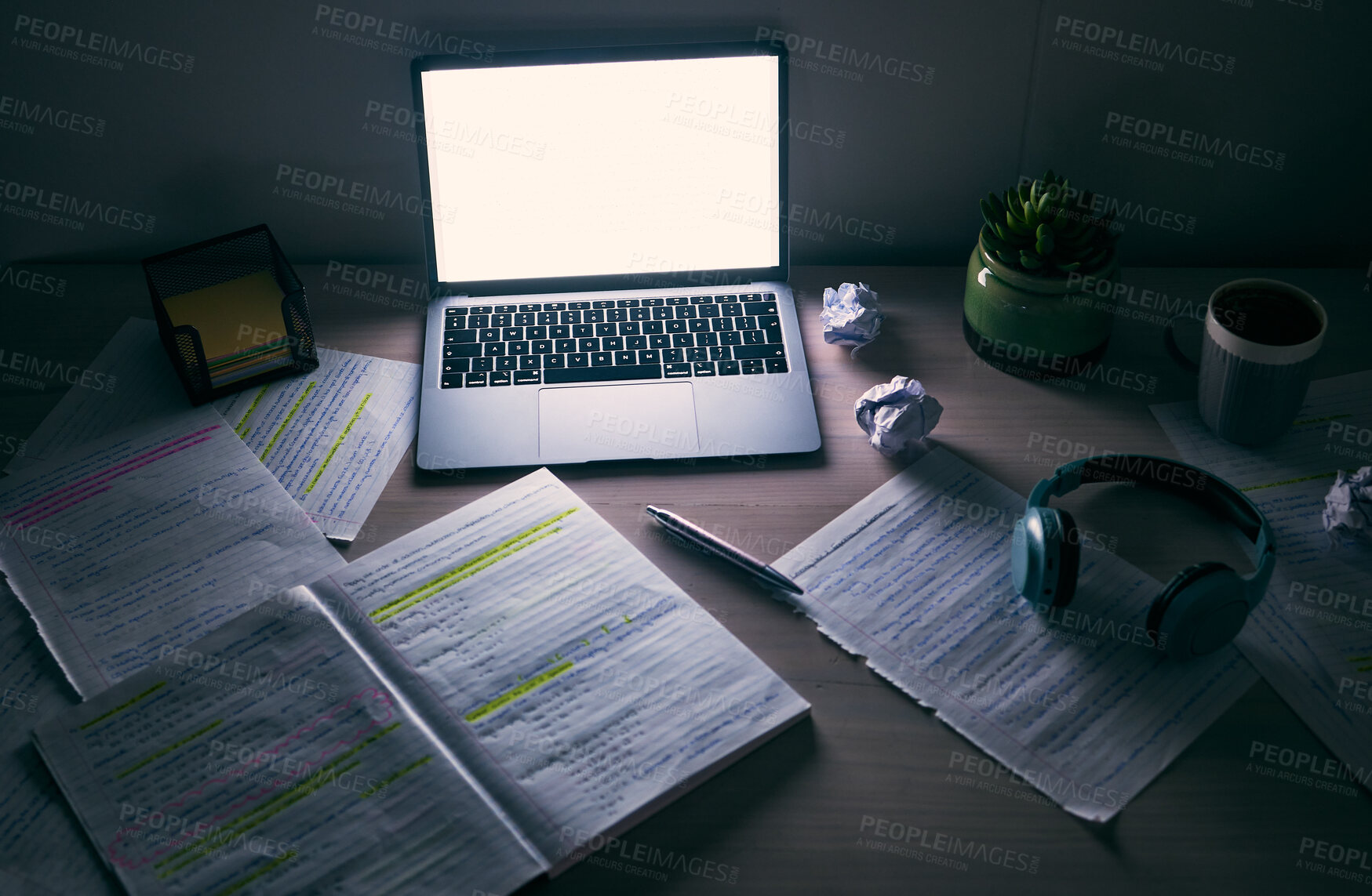 Buy stock photo Laptop, mockup and desk for studying at night in student dormitory, dark room and technology. Background of computer, blank screen and notes on table in evening for education, learning and internet