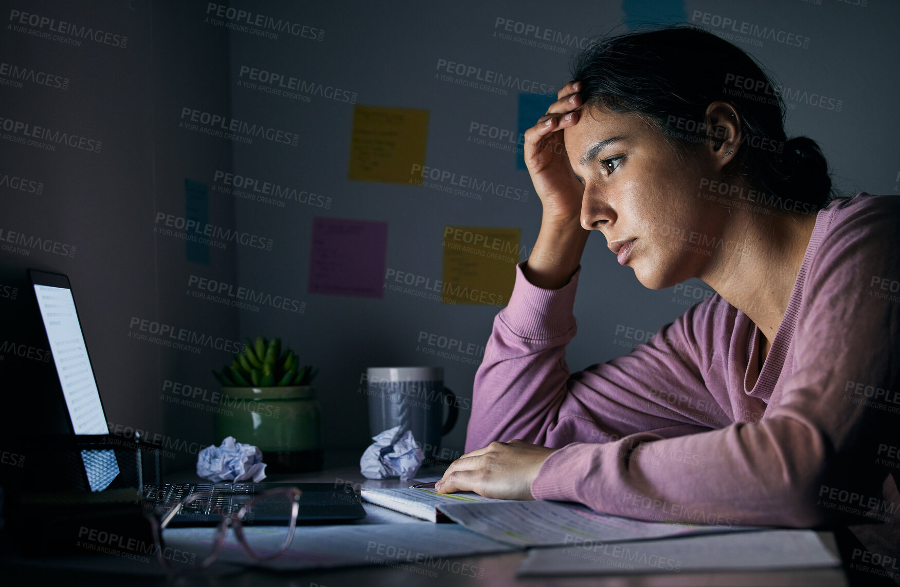 Buy stock photo Laptop, dark and tired with a student woman learning or studying in her home for a university exam. Computer, exhausted and night with a female pupil in a house to study for her college scholarship