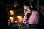Networking, night and woman on a cellphone with headphones while listening to music, radio or podcast. Happy, smile and girl browsing social media, mobile app or internet with phone at a desk at home
