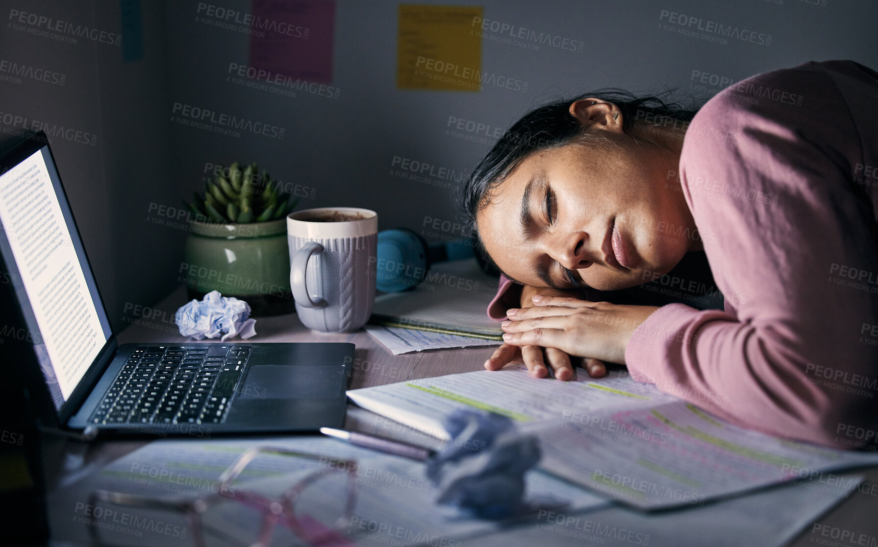 Buy stock photo Sleeping, tired and fatigue student at night for study, learning and university depression, mental health or burnout on laptop. Depressed, stress and college woman with exam notebook on desk in dark