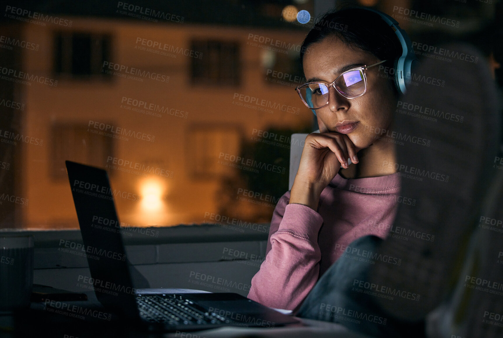 Buy stock photo Creative woman, laptop and thinking at night for deadline, project or working late at office. Business woman relaxing by desk in thought for planning on computer in evening for startup at workplace