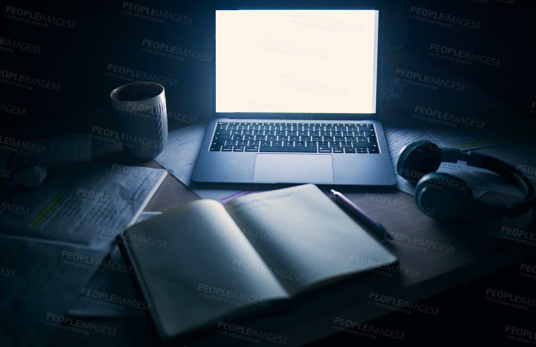 Buy stock photo Laptop, mock up and study on table in dark student dormitory, room and technology. Background of computer space, blank screen and notebook on desk at night for education, learning or internet website