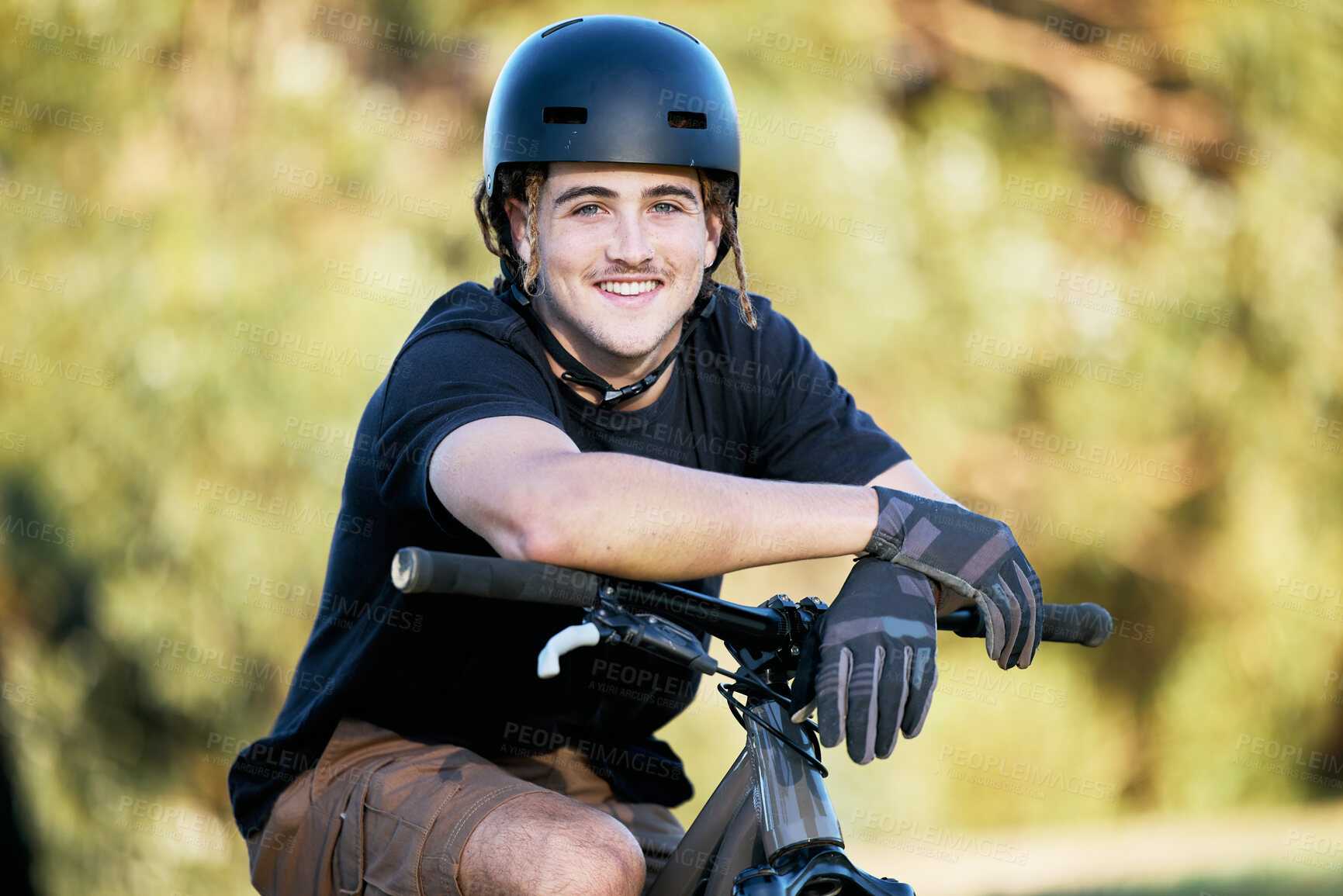 Buy stock photo Portrait, bike and fitness with a sports man taking a break outdoor in nature during his trail ride. Bicycle, exercise and workout with a male athlete training outside for cardio or endurance