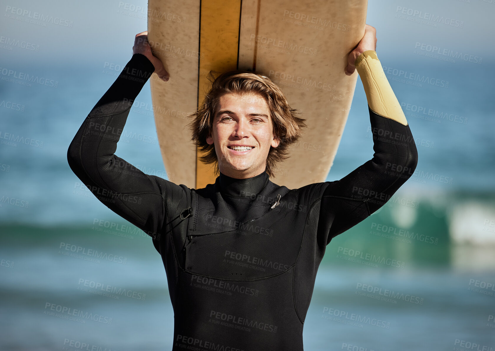 Buy stock photo Fitness, beach and portrait of a surfer with a surfboard for exercise, fun and adventure on vacation. Water sports, travel and man athlete surfing by the ocean on a tropical holiday in Australia.