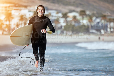 Buy stock photo Portrait, man with surfboard and running on beach, happiness and summer vacation for weekend break. Surfer, male and athlete run, seaside holiday and adventure with smile, sunshine and water sport