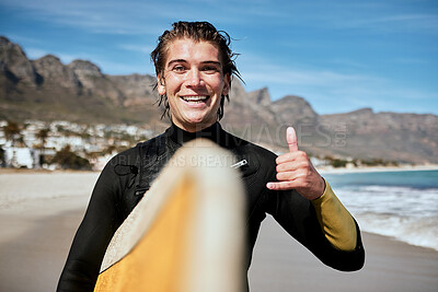 Buy stock photo Shaka hand sign, beach and surfer with surfboard for fitness, fun and adventure on vacation. Sports, travel and portrait of man with chill gesture for surfing by the ocean on holiday in South Africa.