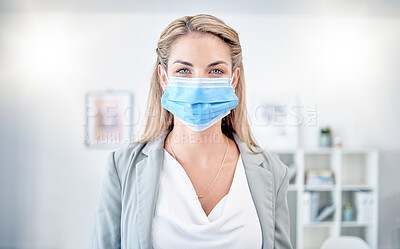 Buy stock photo Woman, office portrait and mask for covid 19, safety and health to stop spread in workplace. Corporate leader, manager and wellness in workspace with blurred background, ppe and self care for virus
