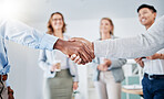 Closeup, business people and handshake for partnership, collaboration and achievement with group project, sales growth and budget increase. Zoom, gesture for greeting and agreement for corporate deal