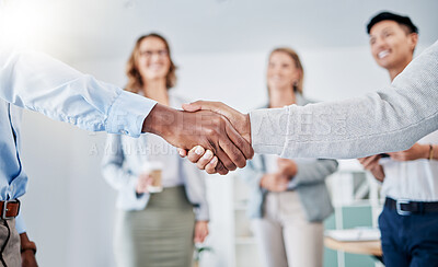 Buy stock photo Closeup, business people and handshake for partnership, collaboration and achievement with group project, sales growth and budget increase. Zoom, gesture for greeting and agreement for corporate deal