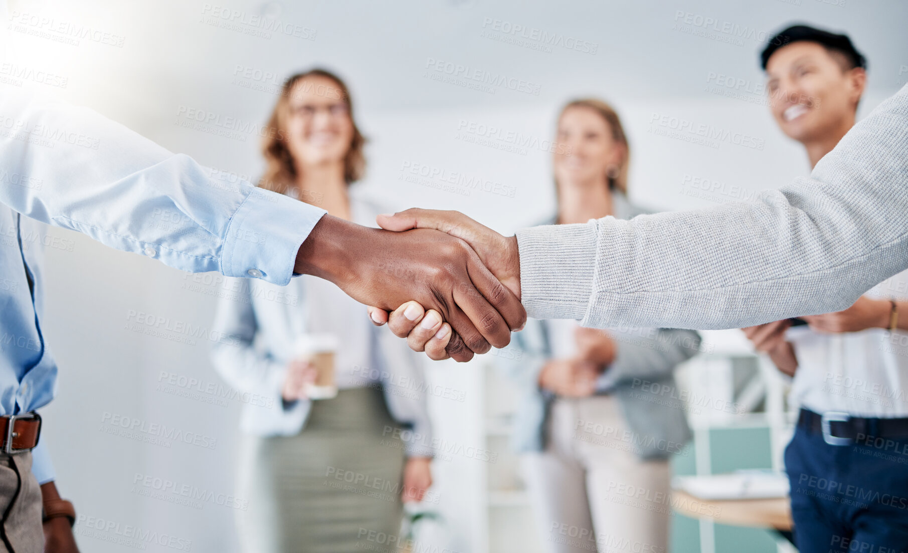 Buy stock photo Closeup, business people and handshake for partnership, collaboration and achievement with group project, sales growth and budget increase. Zoom, gesture for greeting and agreement for corporate deal