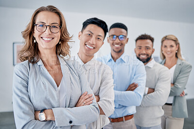 Buy stock photo Proud, portrait and happy people with teamwork, leadership and vision for success of manager, employees or staff. About us, mission and smile of boss, executive or diversity group in business startup