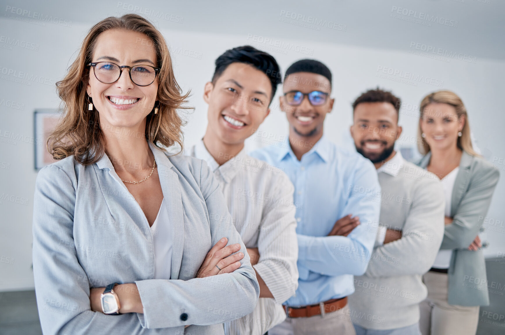 Buy stock photo Proud, portrait and happy people with teamwork, leadership and vision for success of manager, employees or staff. About us, mission and smile of boss, executive or diversity group in business startup