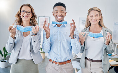 Buy stock photo Office team, group portrait and mask with smile, safety and health to stop covid 19 in workplace. Business people, diversity and happiness with teamwork, ppe and wellness in office with solidarity