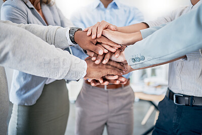 Buy stock photo Collaboration, teamwork and hands stacked for solidarity, support and staff diversity mission in business startup. Group of people together sign of goals, community and motivation strategy background